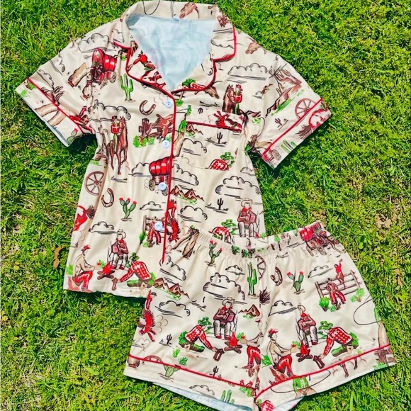Western cowboy two peice Pajama Set short sleeve - Picture 1 of 12